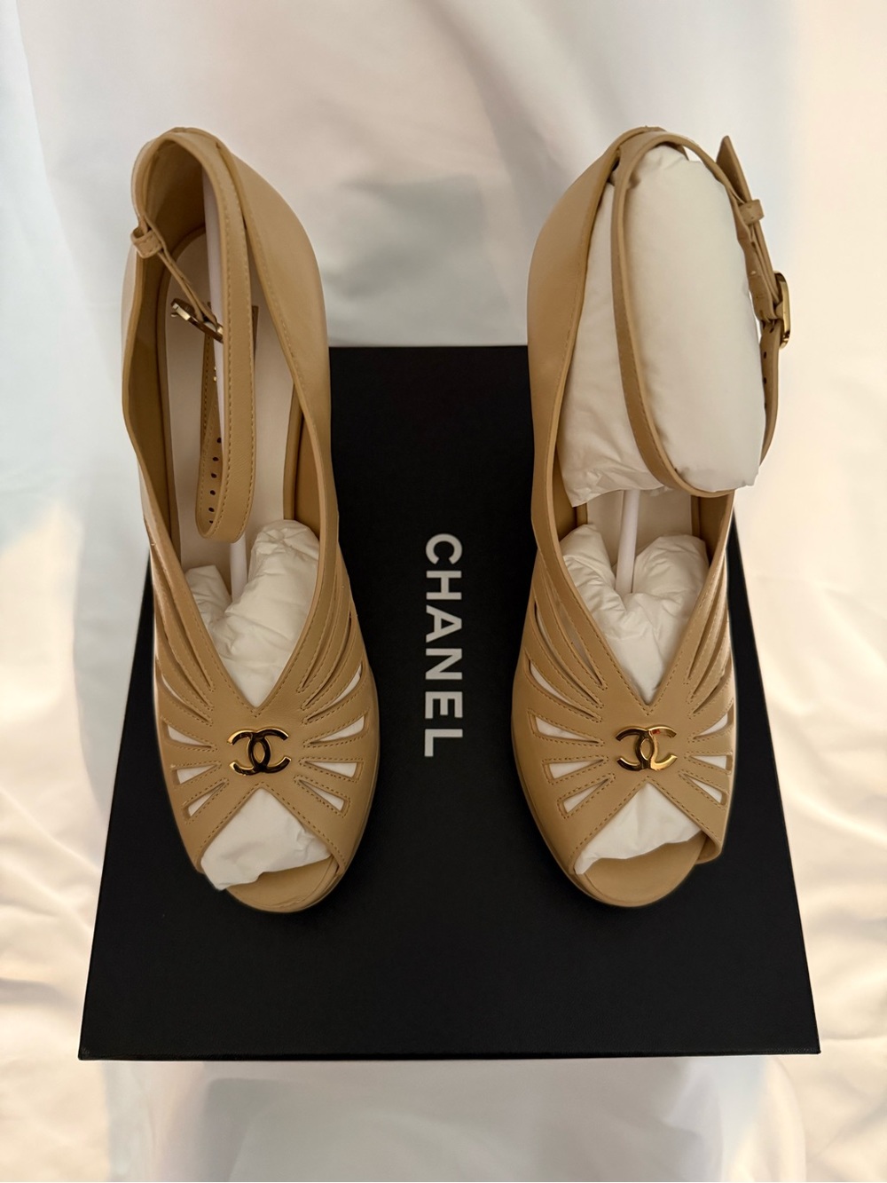 CHANEL Tan Leather Peep-Toe Slingback Wedges